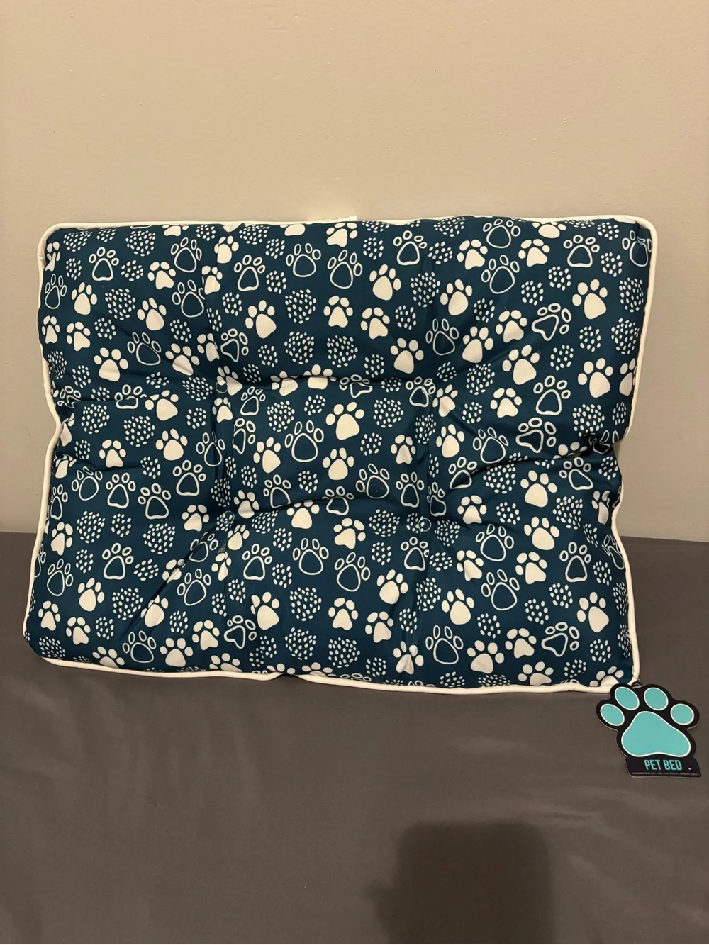 Plush Pet Bed Cushion in Teal with White Paw Print